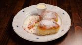 Curd buns, whipped curd with lemon and vanilla sauce